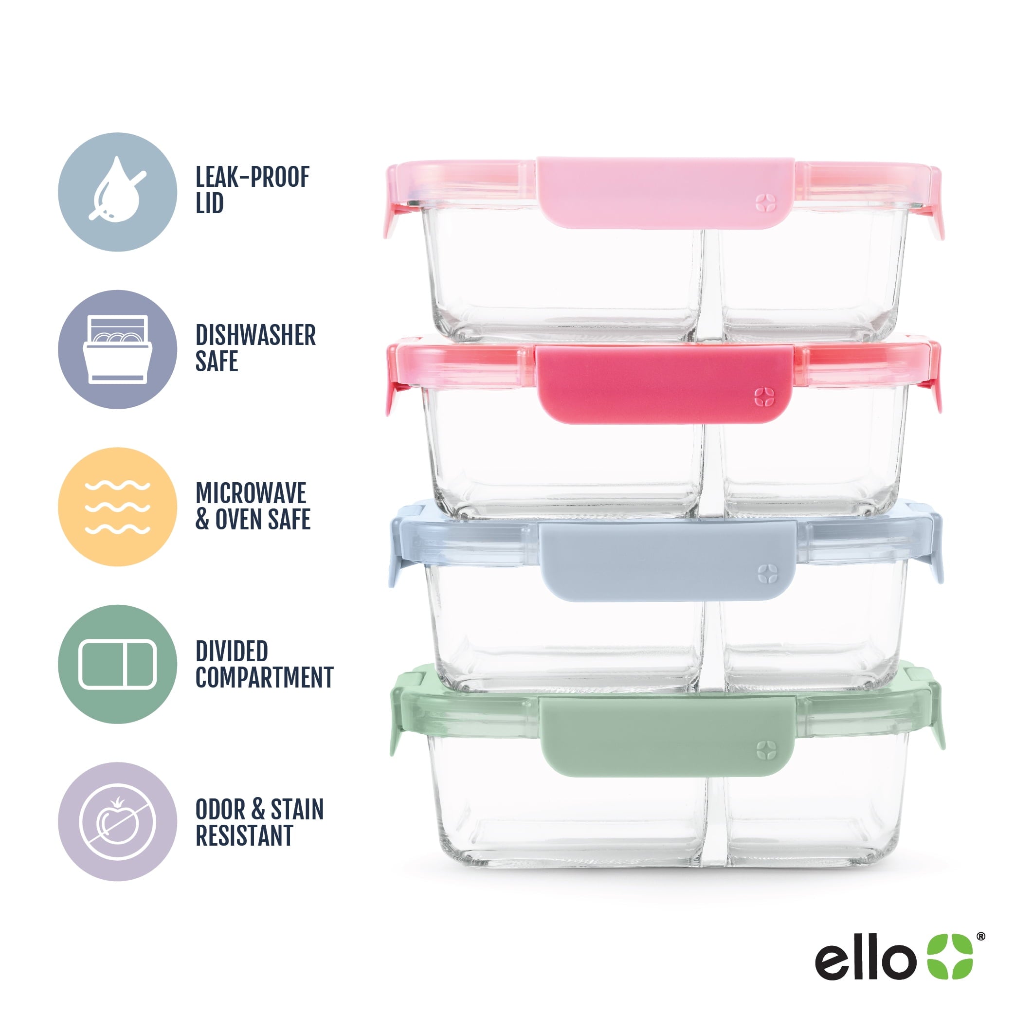 Ello Color Lock 8pc 3.4 Cup Divided  Glass Meal Prep Set