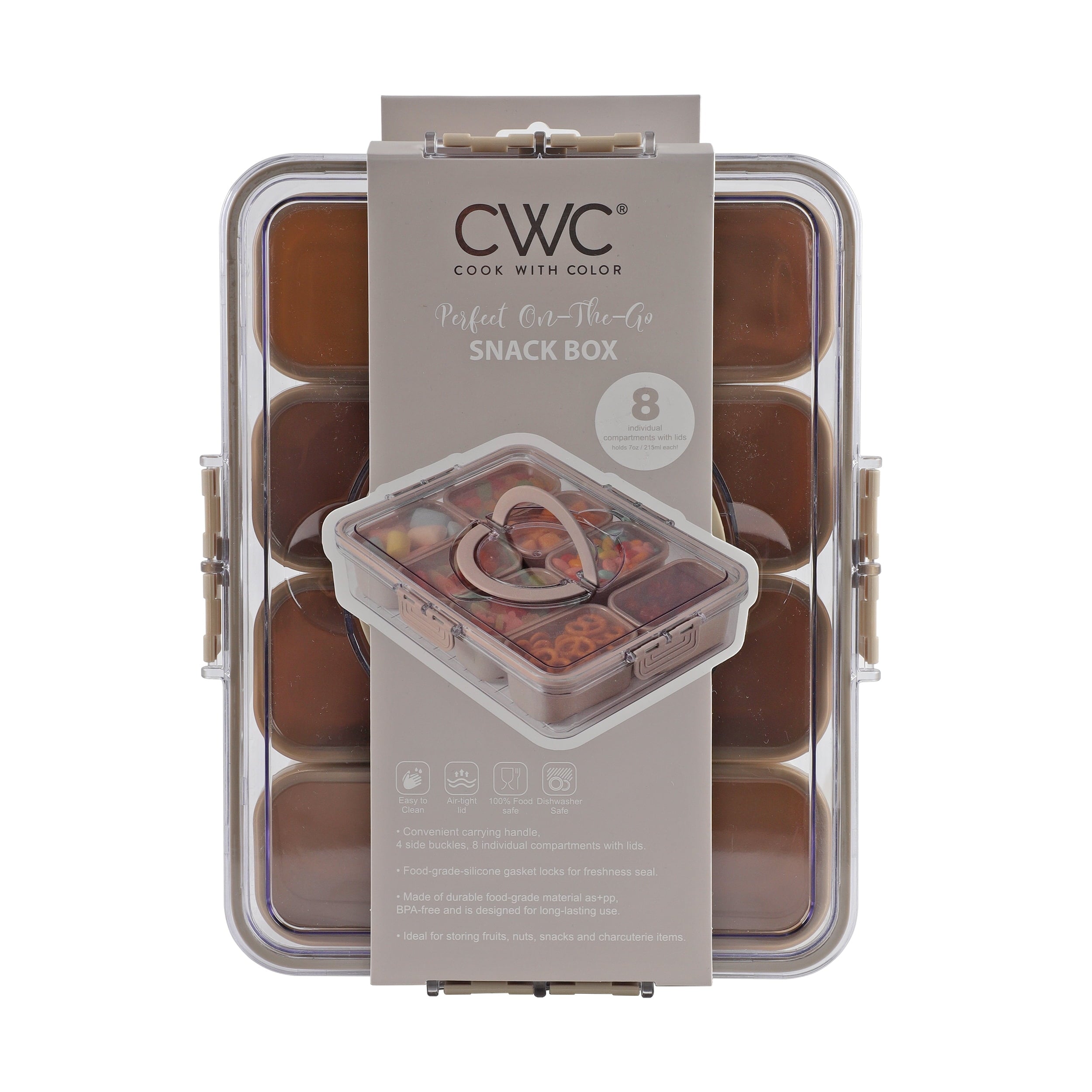 Cook With Color 8-Compartment Snackle Box, Charcuterie and Snack Container, Divided Serving Tray with Lids and Handle, Dishwasher Safe, Taupe