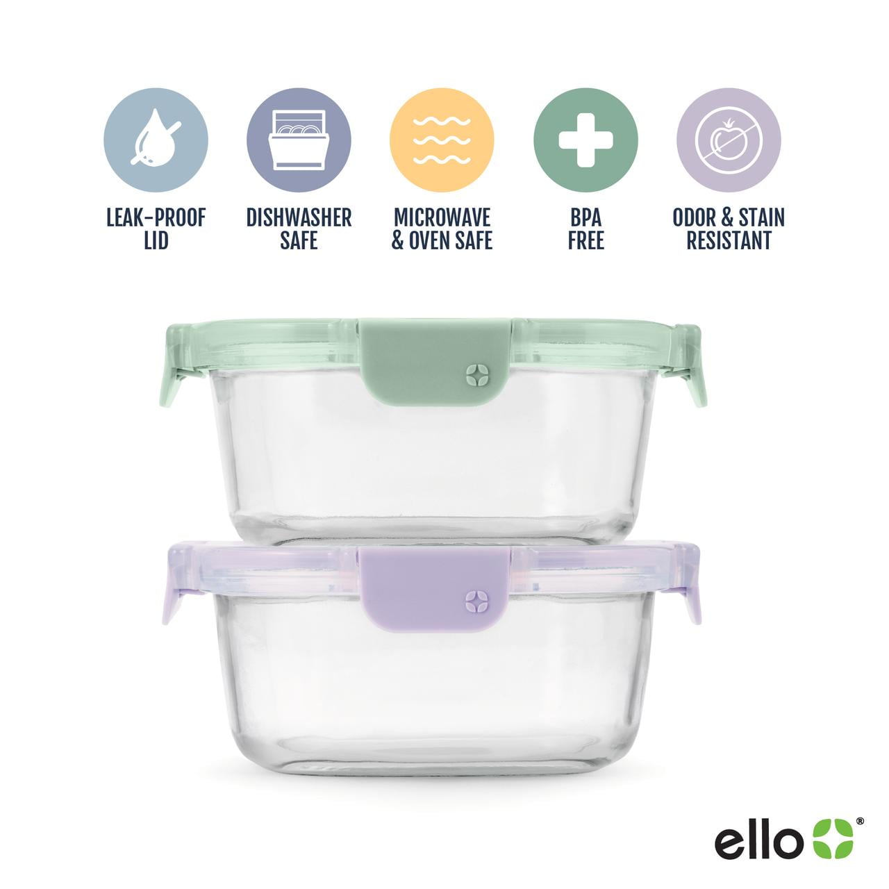 Ello Color Lock 3.4 Cup 2pk Round Glass Meal Prep Containers
