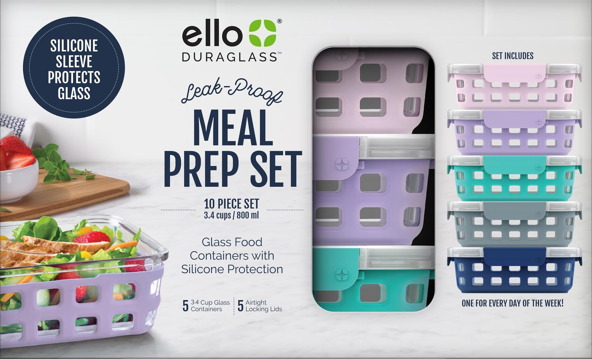 Ello Glass 3.4 Cup 27 Ounce Duraglass Food Storage Meal Prep Container Set, 10 Piece