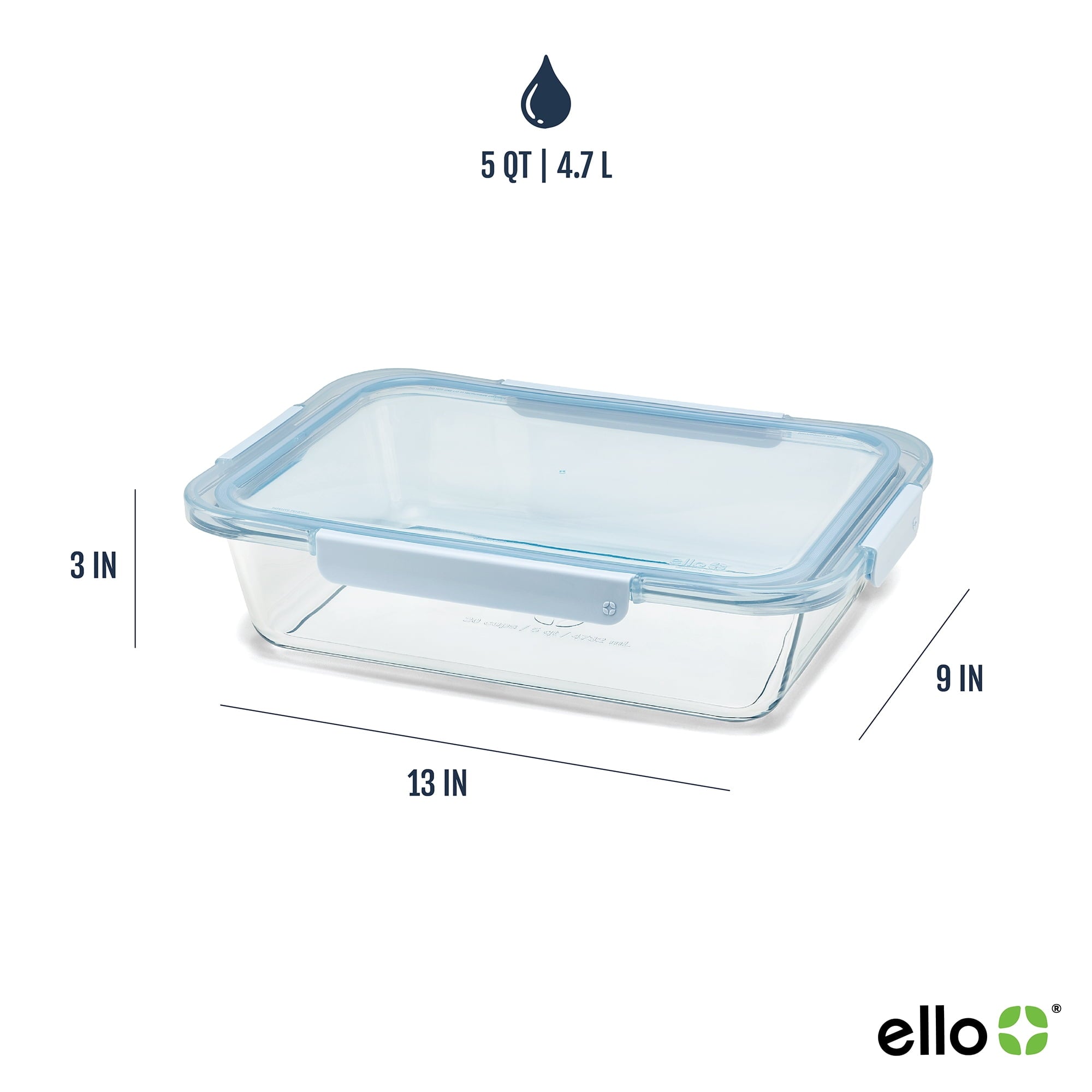 Ello Color Lock Glass 9x13 Deep Bakeware Dish, Windy Blue
