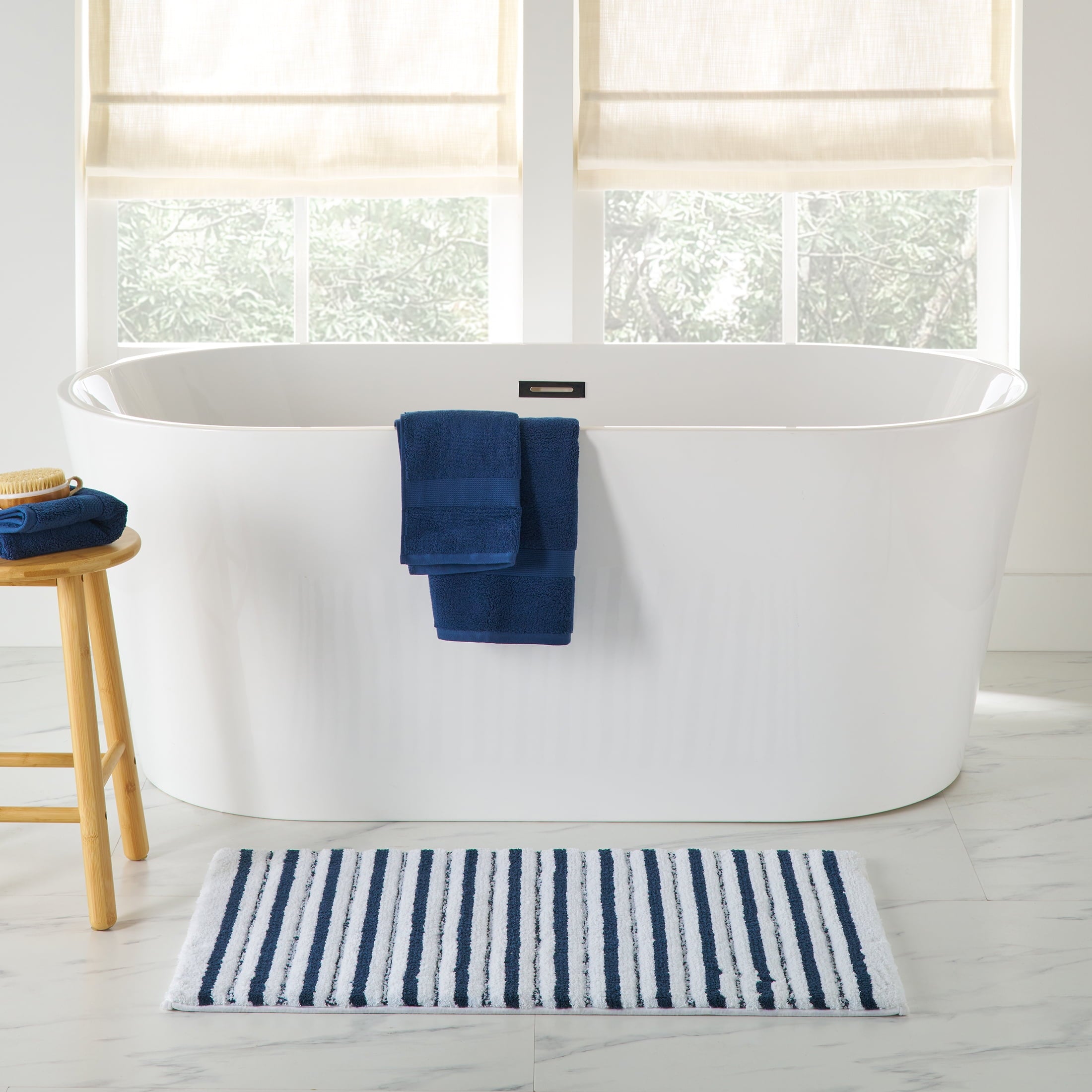 Better Homes & Gardens Signature Soft Tufted Stripe Bath Rug, Blue Admiral & White, 20" x 34"